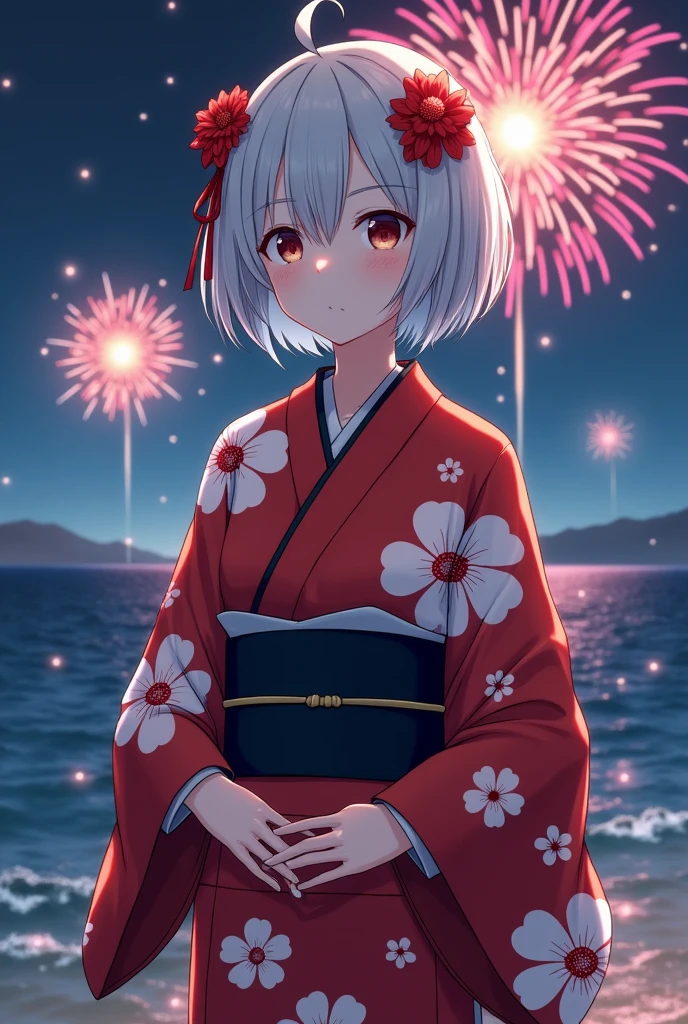 Not an anime, (RAW Photos, Highest quality, masterpiece: 1.2), (Realistic: 1.4), Best lighting, 20-year-old, (Light grey hair, Short Bob Cut, Divide your hair into 3/7ths, hair above one ear, :1.3), (Symmetrical eyes, alone, Mid-chest, Detailed skin, Like a model:1.2), View your viewers, (Light grey hair, Cowboy Shot, ((Countless fireworks with the ocean as a backdrop)), Are standing, ((A red and white yukata with a beautiful red camellia flower pattern, Black belt tightening, Hair accessories to match your yukata, Midnight, Long Shot)),:1.25)