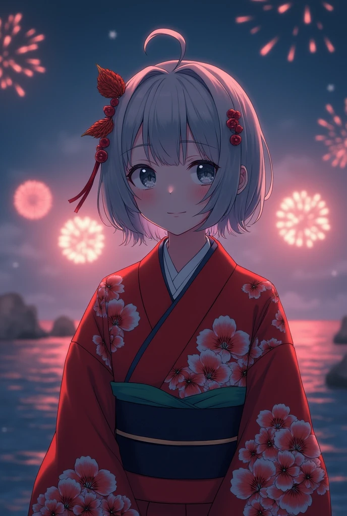 Not an anime, (RAW Photos, Highest quality, masterpiece: 1.2), (Realistic: 1.4), Best lighting, 20-year-old, (Light grey hair, Short Bob Cut, Divide your hair into 3/7ths, hair above one ear, :1.3), (Symmetrical eyes, alone, Mid-chest, Detailed skin, Like a model:1.2), View your viewers, (Light grey hair, Cowboy Shot, ((Countless fireworks with the ocean as a backdrop)), Are standing, ((A red and white yukata with a beautiful red camellia flower pattern, Black belt tightening, Hair accessories to match your yukata, Midnight, Long Shot)),:1.25)