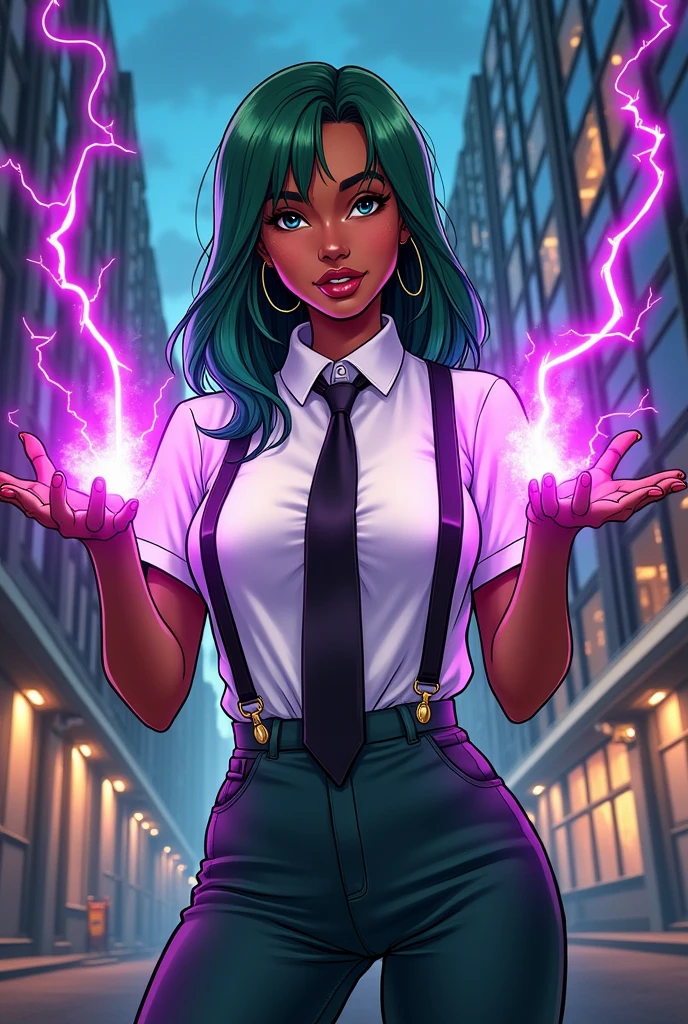 Mulatto woman with straight green hair, with white t-shirt, suspenders and a black tie holding a stack of purple lightning superpowers