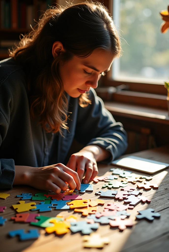 A person solving a puzzle, with pieces representing different real-world tasks.