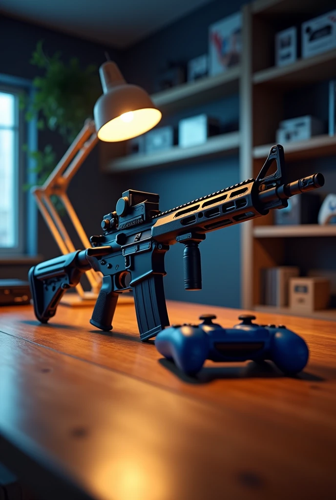 Photo of an ar15 weapon on a desk with a play station 4 controller next to it