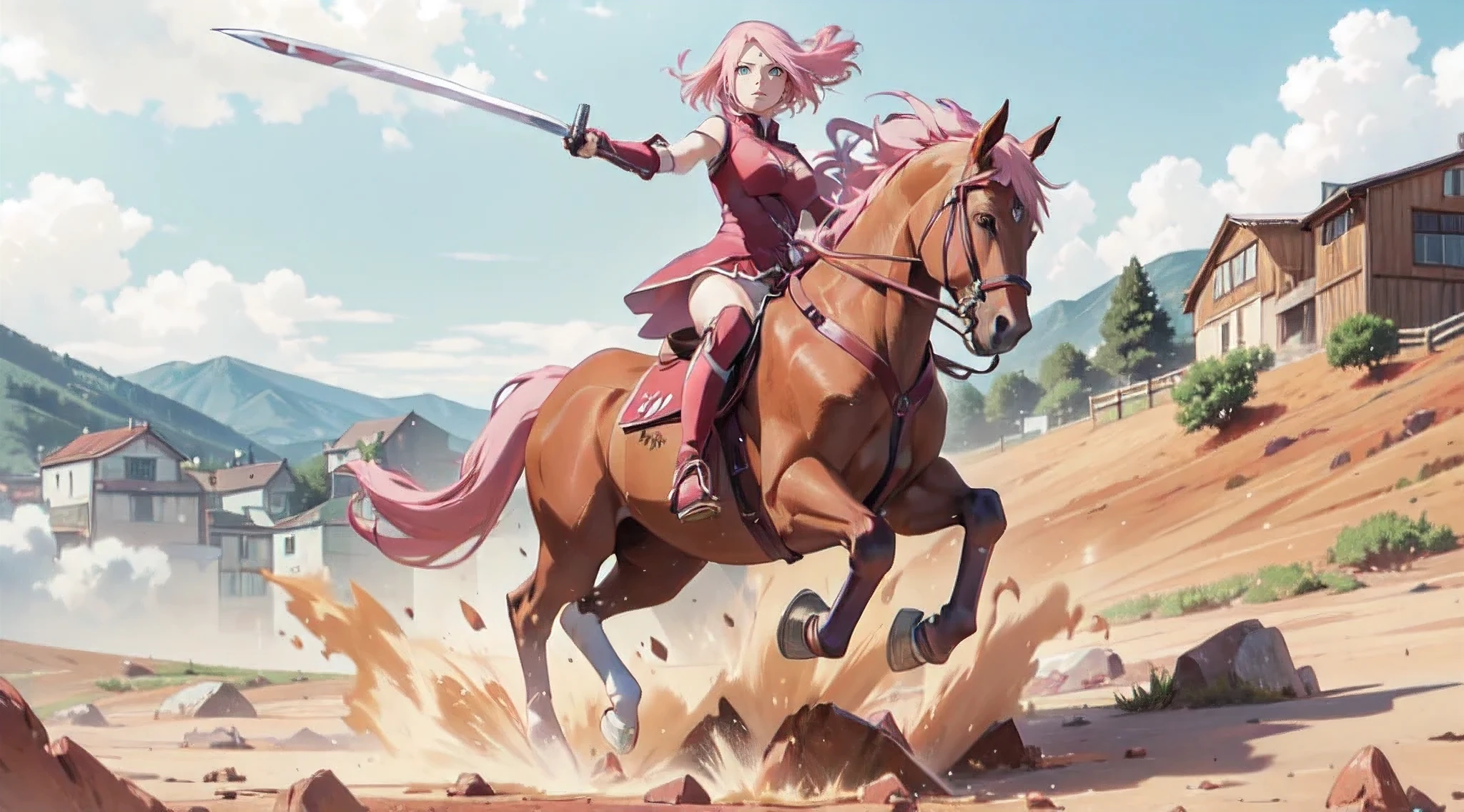 ((best quality)), ((anime masterpiece)), (high detailed), 8k, cinematic lighting, anime screencap, HDR, vivid color, sakura haruno riding a BROWN HORSE, (haruno sakura, medium hair, {pink hair}, medium breast, cleavage), determined face, (red armor, red gauntlet, red miniskirt, red boots), holding a sword, mountains, outdoor, open field, ((from side: 1.2)), anatomically correct