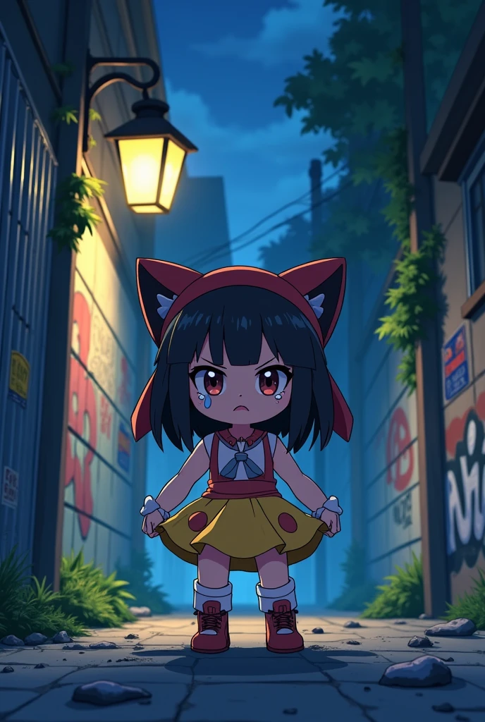Ecchi chibi Pokemon girl in miniskirt , colourful clothes, located in nighttime dark alley of town, crying mascara lines, visible panties, looking at viewer nervously + frown, bigger breasts 