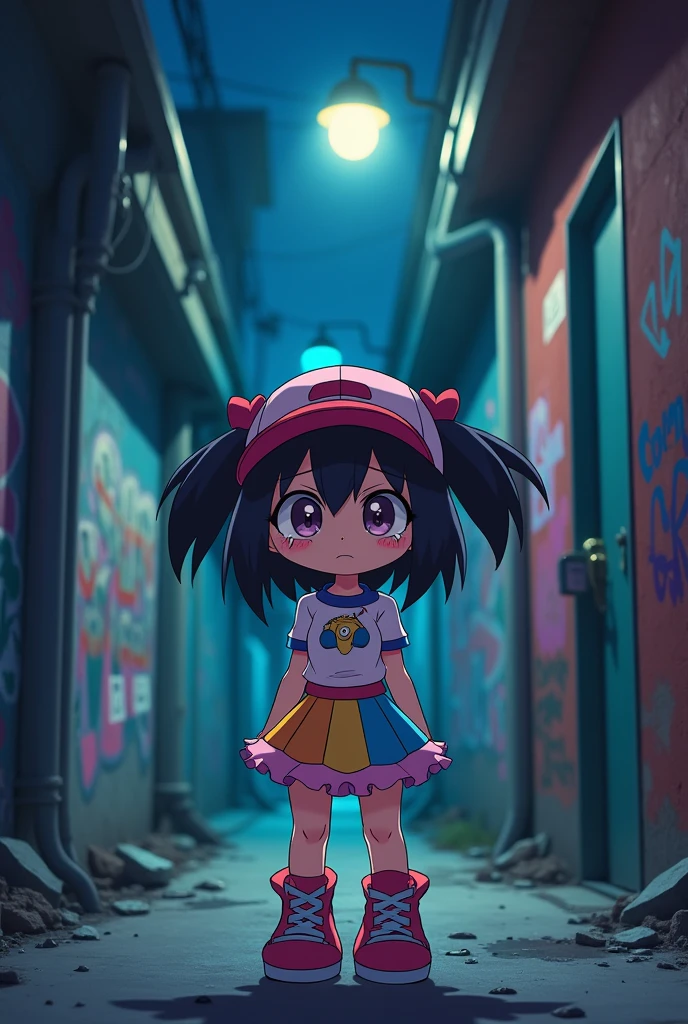 Ecchi chibi Pokemon girl in miniskirt , colourful clothes, located in nighttime dark alley of town, crying mascara lines, visible panties, looking at viewer nervously + frown, bigger breasts