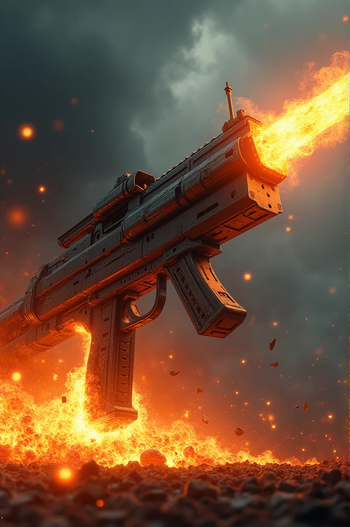 A super gun burning in flames of fire 