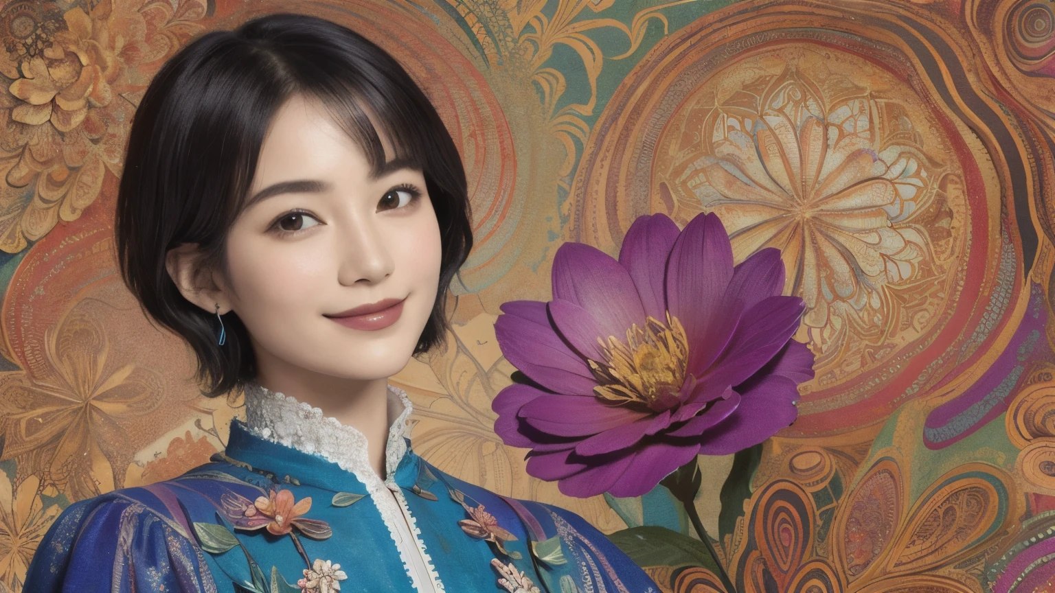 272 (20-year-old woman,short hair), (masterpiece, Highest quality, beautiful:1.2), Very detailed, (Fractal Art:1.1), (colorful:1.1), (flower:1.3), whole body, (Abstract background:1.3), (Many colors:1.4), (Old-fashioned smile), (Hawaii)