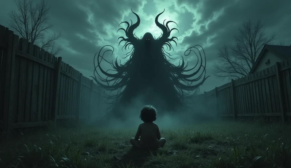 "A demonic and shadowy figure lurking behind a child, who is sitting on the ground of a sinister, overgrown backyard, With an ominous sky above him, atmosphere of fear and horror."