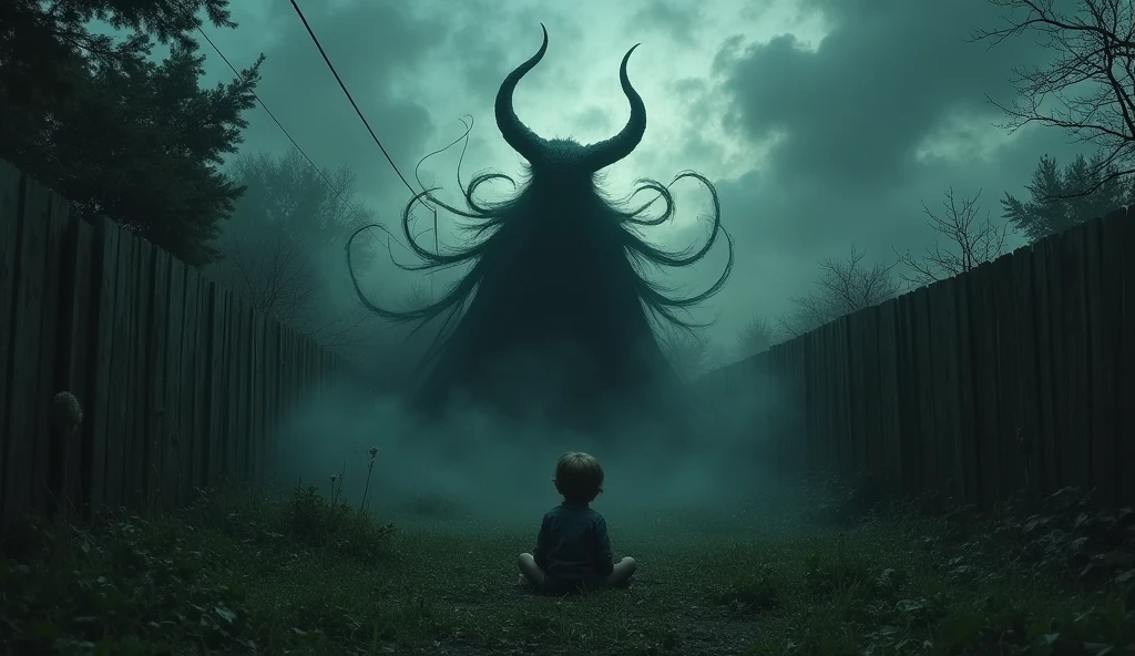  "A demonic and shadowy figure lurking behind a child, who is sitting on the ground of a sinister, overgrown backyard, With an ominous sky above him, atmosphere of fear and horror."