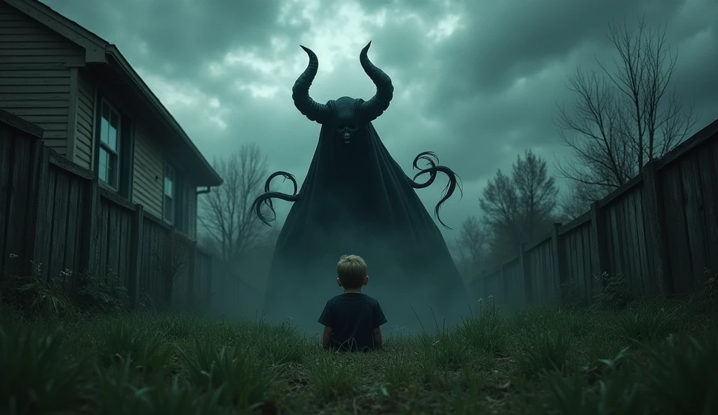 "A demonic and shadowy figure lurking behind a child, who is sitting on the ground of a sinister, overgrown backyard, With an ominous sky above him, atmosphere of fear and horror."