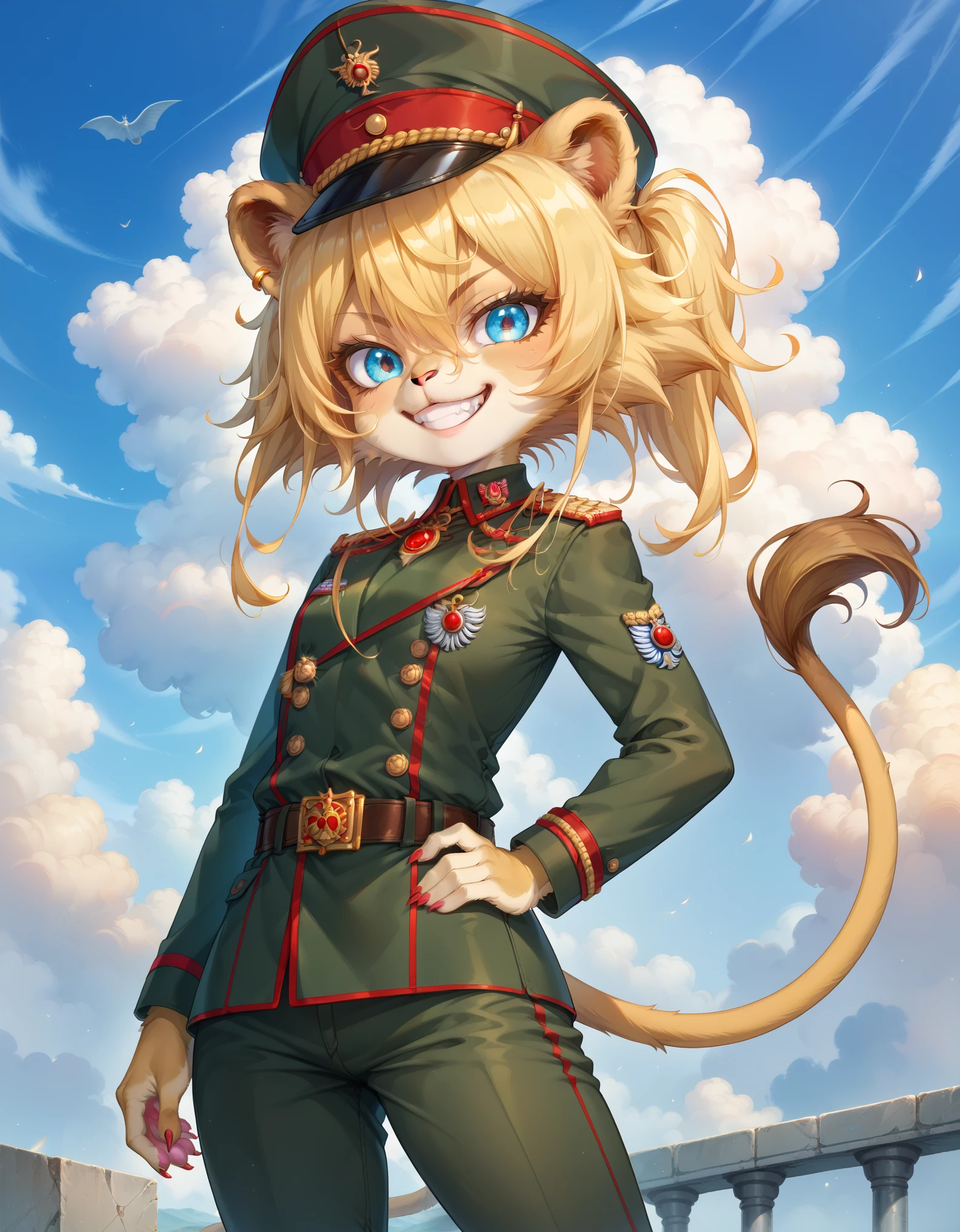 score_9,score_8_up,score_7_up, young, (li), lion girl, lion tail, yellow hair, Tanya Degurechaff, blue eyes, looking at viewer, smile, 1girl, lion ears, furry female, ((military hat, military uniform,red pendant, belt,pants,evil smile,)), military base, clear sky, looking at viewer, solo, anthro, cheek tuft, facial tuft, uperbody, evil smile,