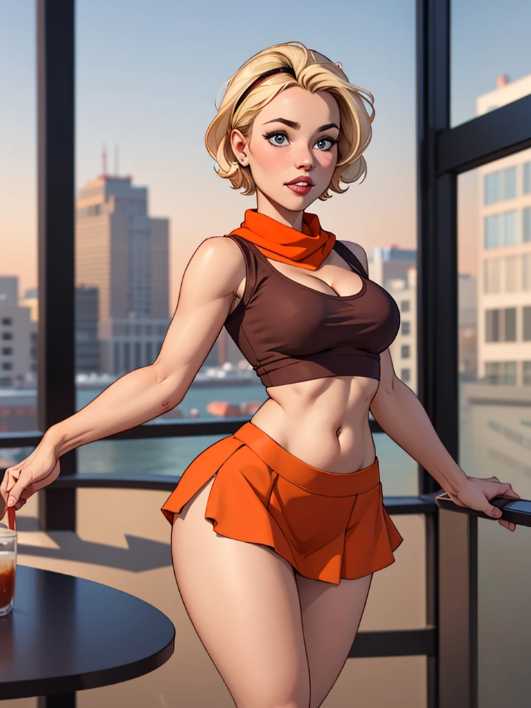 Blonde girl with short hair, wearing a scarf like a bandana on her head, wearing a brown top over a red cropped top, showing her belly, wearing a short orange skirt, cleavage showing breasts 