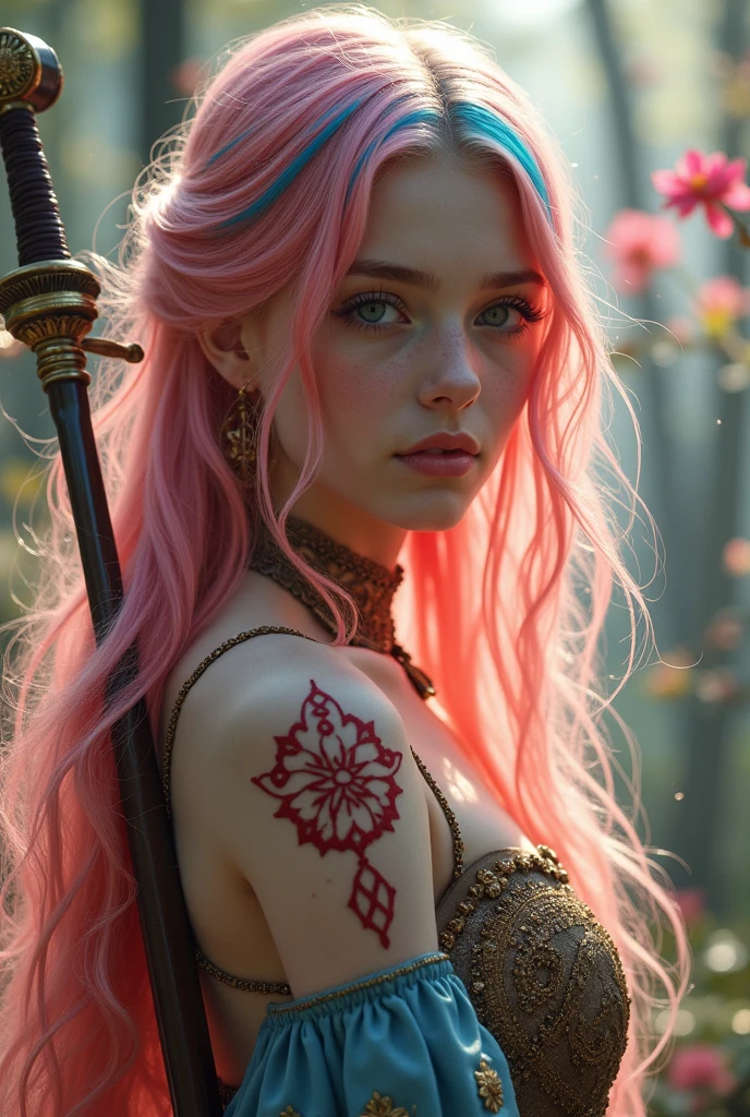 A very beautiful and young girl, Her hair is extremely pink and she has two blue streaks, Your skin is white and delicate, and it has red magical symbols on your shoulders and neck that are like tattoos., Her clothes are very elegant and chic, demonstrating wealth, She is the daughter of a fairy and carries with her her lute and two beautiful delicate swords. She is a bard and loves music., She's always with her mandolin in hand and her beautiful swords on her back.