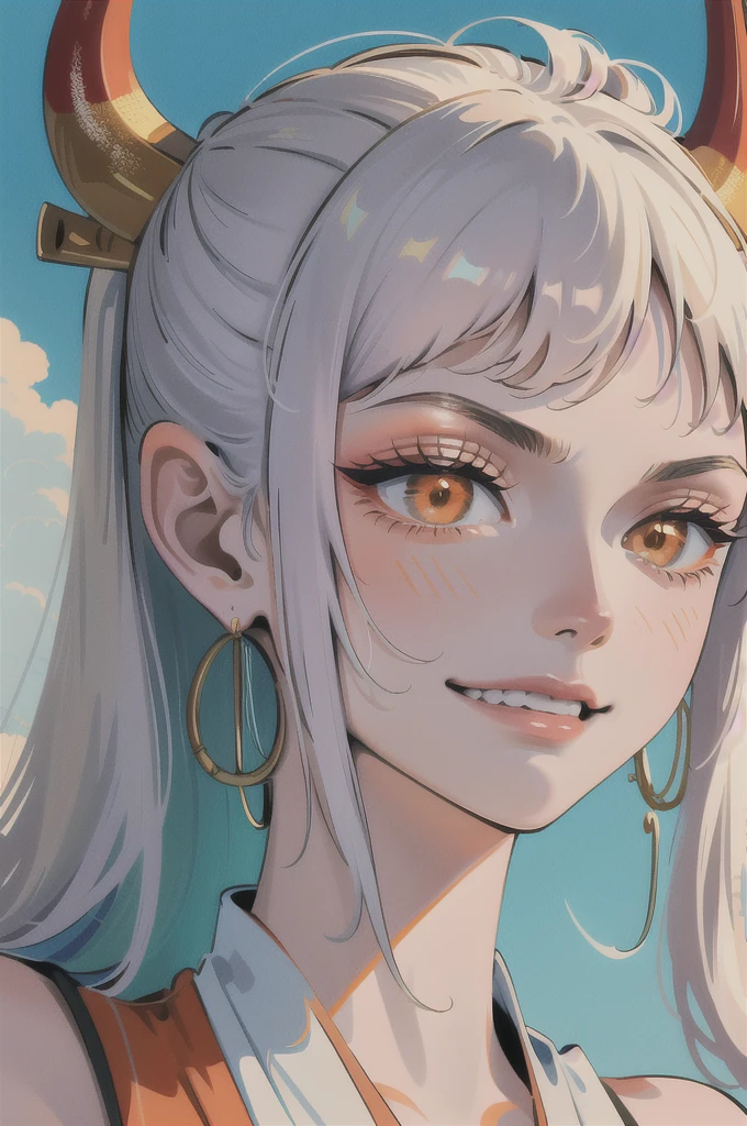 masterpiece, ((ultra detailed background, delicate pattern, intricate detail)), (highly detailed, fine details), best quality,beautiful lighting, (((medium breasts, slim girl, very slim girl))), (close-up, portrait), YamatoV2, long hair, 1girl, horns, white hair, solo, oni, red horns, curled horns, hair ornament, (multicolored horns), jewelry, earrings, japanese clothes, kimono, hair stick, sleeveless, bare shoulders, aqua hair, sidelocks, hoop earrings, hakama, smile, wide smile, ((orange eyes)), complex detailed background, outside, nature environment, rocks, sunny, blue sky, sky,