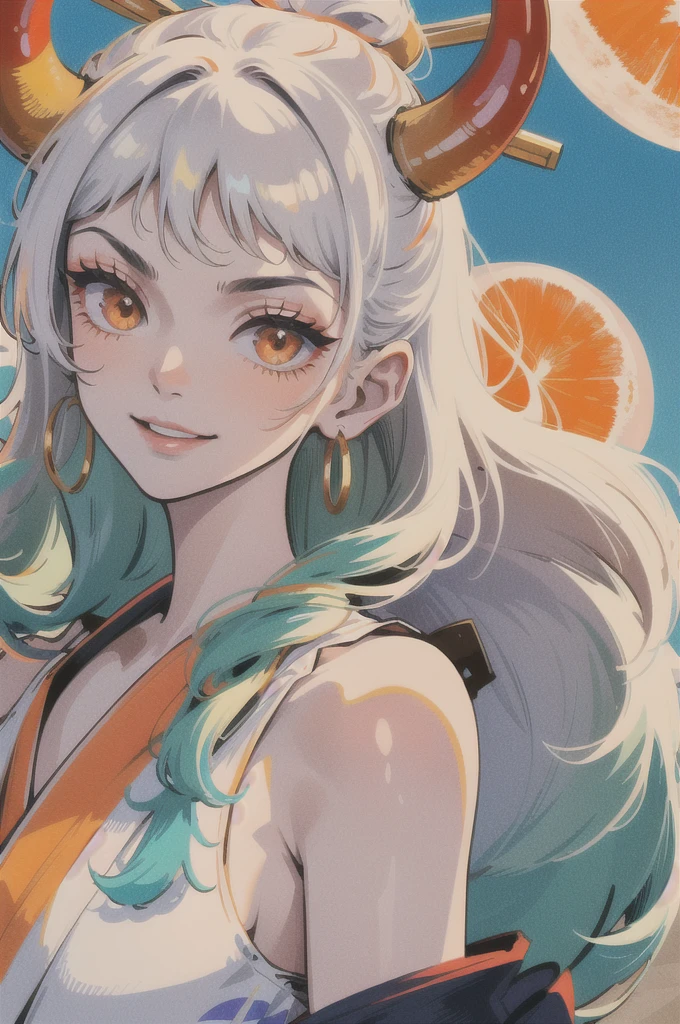 masterpiece, ((ultra detailed background, delicate pattern, intricate detail)), (highly detailed, fine details), best quality,beautiful lighting, (((medium breasts, slim girl, very slim girl))), (close-up, portrait), YamatoV2, long hair, 1girl, horns, white hair, solo, oni, red horns, curled horns, hair ornament, (multicolored horns), jewelry, earrings, japanese clothes, kimono, hair stick, sleeveless, bare shoulders, aqua hair, sidelocks, hoop earrings, hakama, smile, wide smile, ((orange eyes)), complex detailed background, outside, nature environment, rocks, sunny, blue sky, sky,