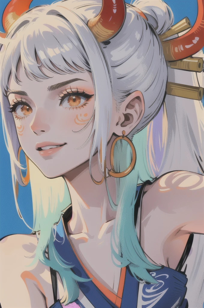 masterpiece, ((ultra detailed background, delicate pattern, intricate detail)), (highly detailed, fine details), best quality,beautiful lighting, (((medium breasts, slim girl, very slim girl))), (close-up, portrait),  YamatoV2, long hair, 1girl, horns, white hair, solo, oni, red horns, curled horns, hair ornament, (multicolored horns), jewelry, earrings, japanese clothes, kimono, hair stick, sleeveless, bare shoulders, aqua hair, sidelocks, hoop earrings, hakama, smile, wide smile, ((orange eyes)), complex detailed background, outside, nature environment, rocks, sunny, blue sky, sky, 