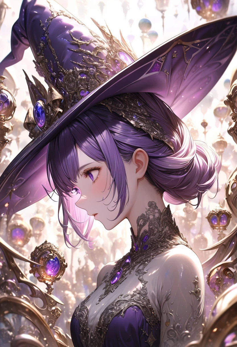 High definition RAW color art, Animation,sculptures, Silver Marble Skin, (((Ultra detailed elegant))), Magical atmosphere, Detailed skin, Texture,(Intricately detailed, Fine detail, ultra-detail art), depth of fields, Bokeh, Silky Touch, Hyper Detail, white background, (pastel purple), beautiful eyes, elegant face, profile, witchcraft hat, magic, surprised