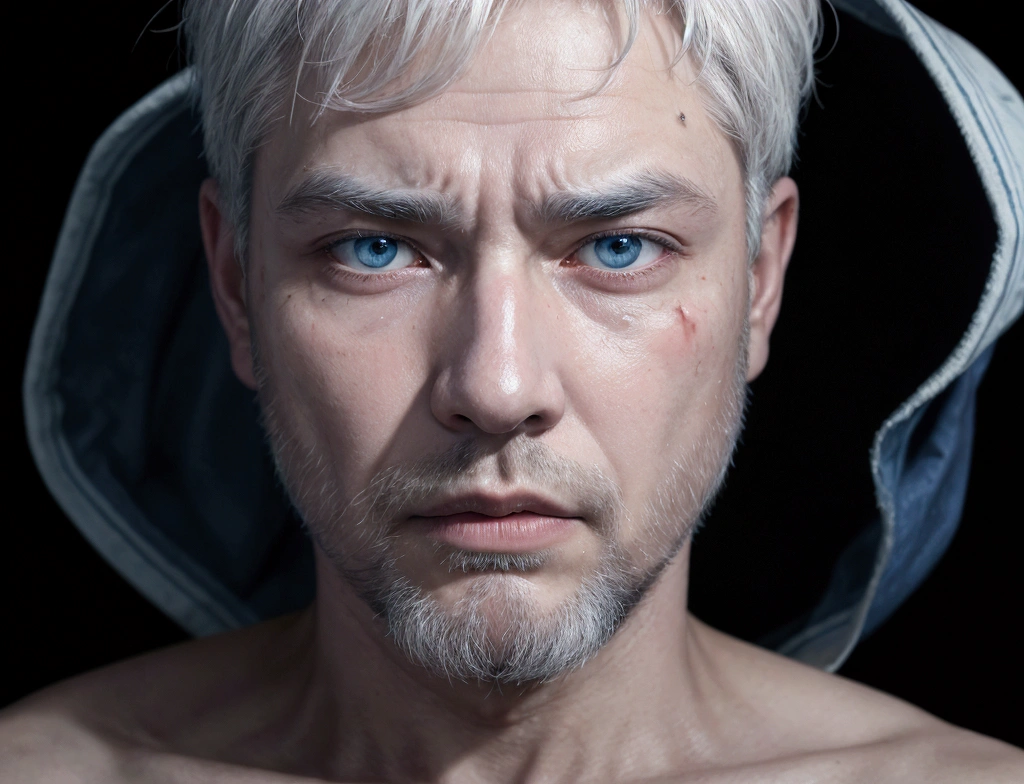 Create the image of a 50-year-old man kneeling, with short white hair, beard, wearing an old, torn robe, with several wounds on his body. Full body image. On his face, the countenance of pain and suffering. kaleidoscopic, Cheiron Crush, Oil pastel drawing, DSLR, Animation, Grainy, game icon, navy blue colors, designer labels, full moon lighting, realistic skin tones, dramatic chiaroscuro lighting, portrait photography, 4k