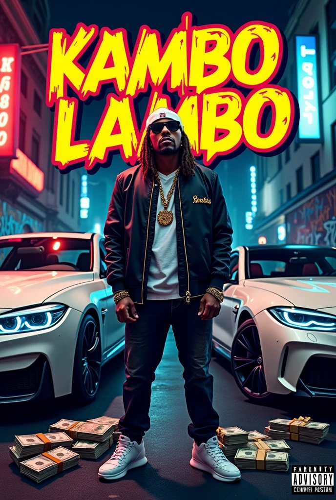 Album cover with artist name KAMBO LAMBO and the song is “Remember me”. Kambo Lambo is a white gangster. He loves women, cars, and money. This is a album cover so I need a parental advisory stamp on it.