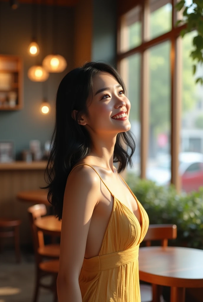 {{masterpiece, Highest quality, Highly detailed CG, unity 8k wallpaper, Cinema Lighting, }}, Sony a7, Wide Frame, Cafe、Natural light、One woman, whole body,Looking up , Cleavage、Asian, Age 34, smile, Black Hair, Middle bamboo hair, Long eyelashes ,