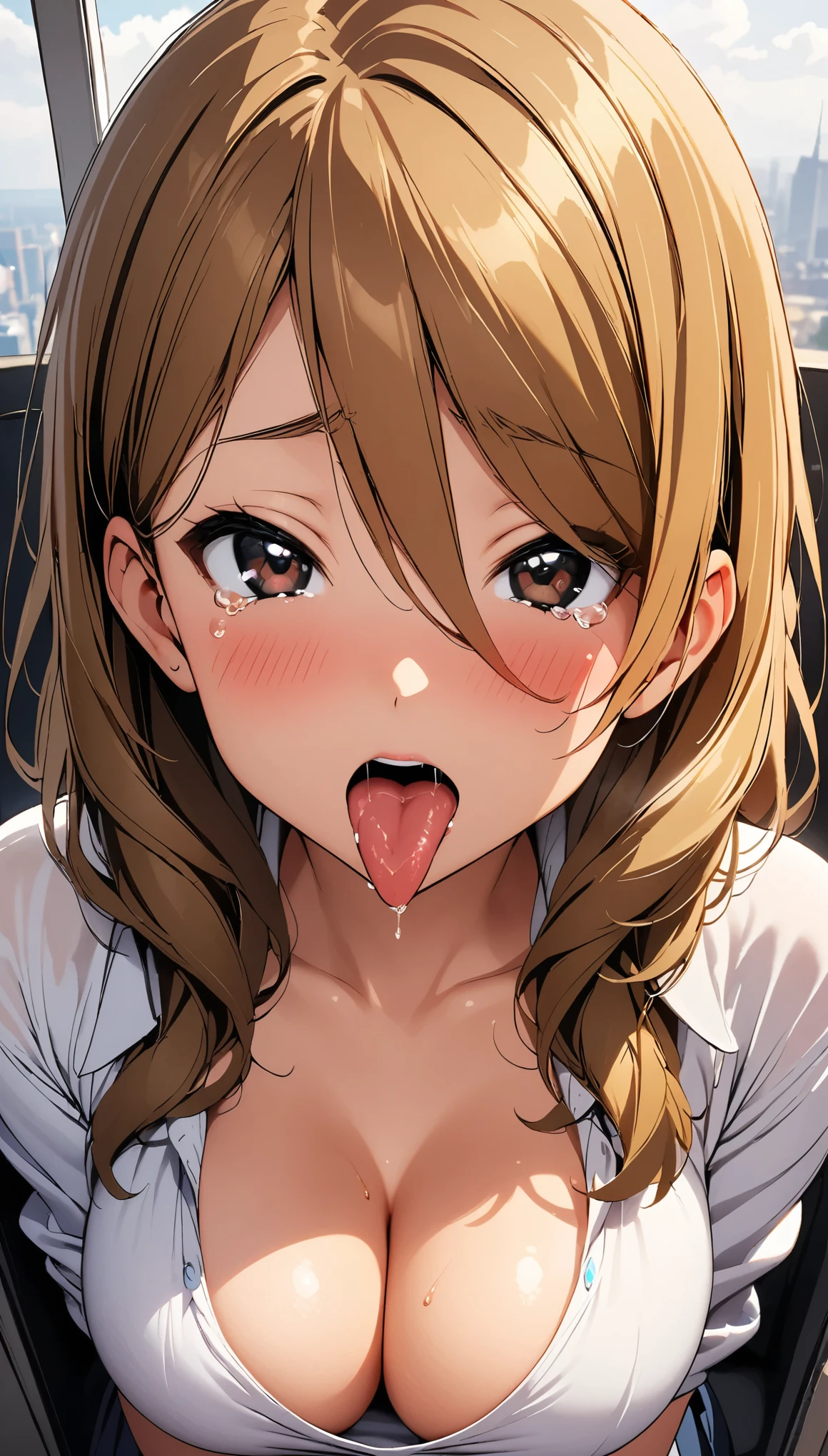 (1girl, tachibana himeko, K-On!), beautiful detailed eyes, black eyes, (opened big mouth, licking, Sticky tongue), nsfw, (close-up mouth), (curvy, Slender),(cleavage), from above, Highest quality, Super detailed, masterpiece, Ultra-high resolution, 8k, Embarrassing, blush, Lovely, (With tears in my eyes), Sticky saliva