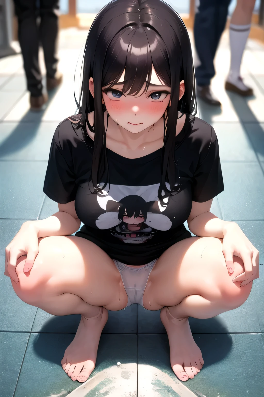  7 years old on knees showing her  through her t-shirt, She is dressed only in small white  through which you can see her wet  , Her face is looking down at the floor and blushing. , With her left hand she  the  of the boy who is standing next to her 