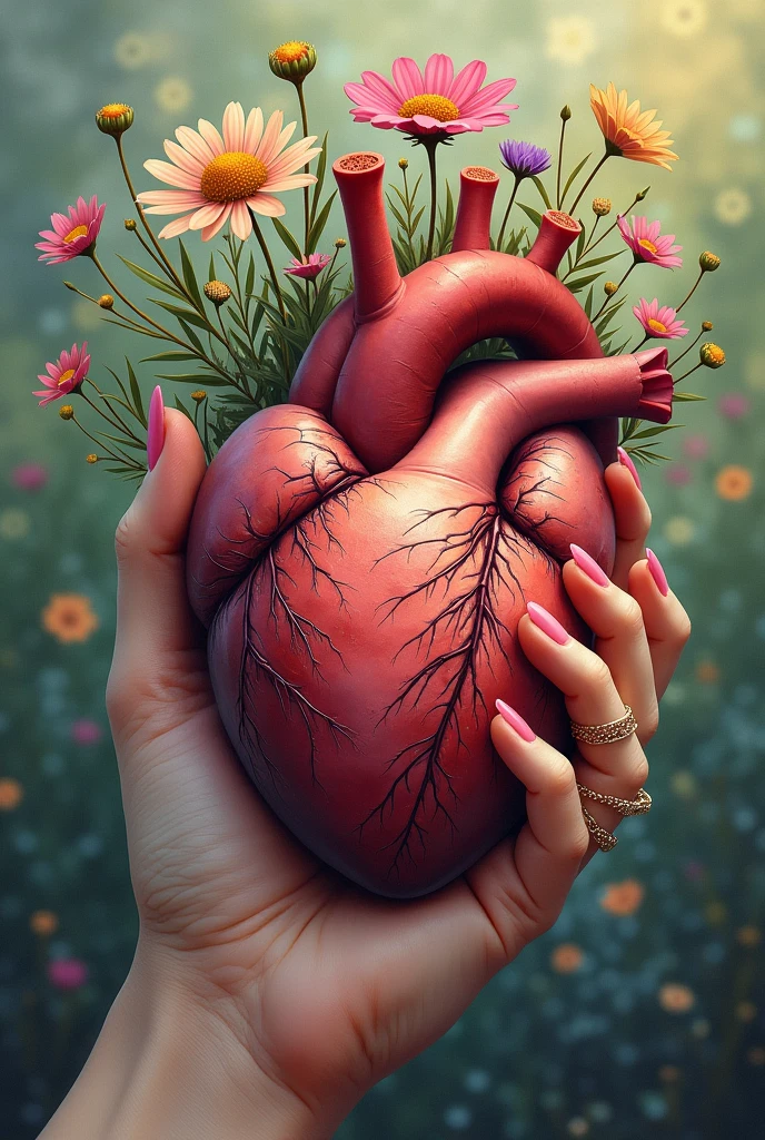 Drawing of a human heart being crushed and bruised by a female hand holding the heart with one hand, with wildflowers coming out of their arteries and veins