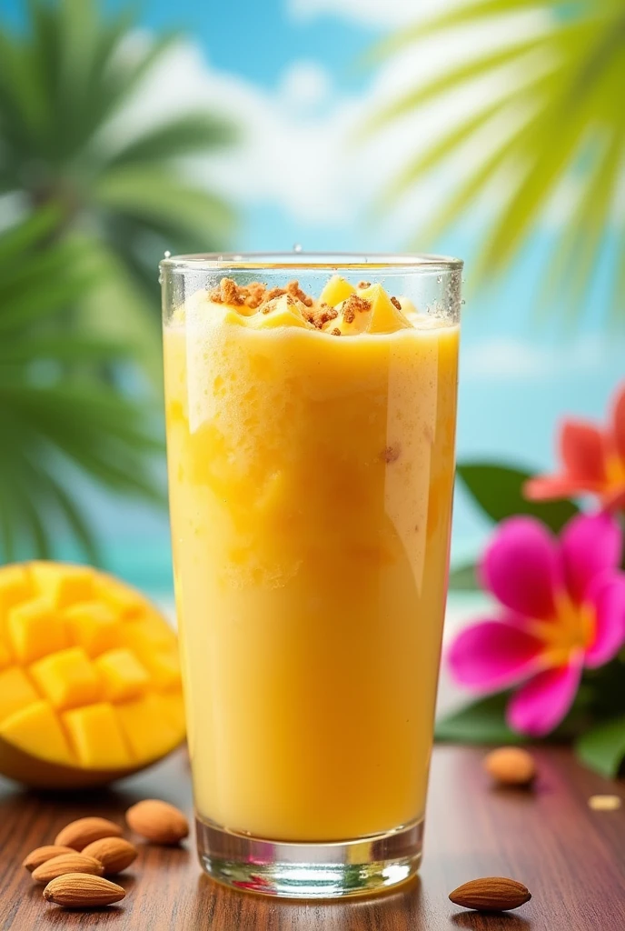 A mango lassy product name Yogi’s Bliss, picture of a glass of yoghurt mango that very refresh to see