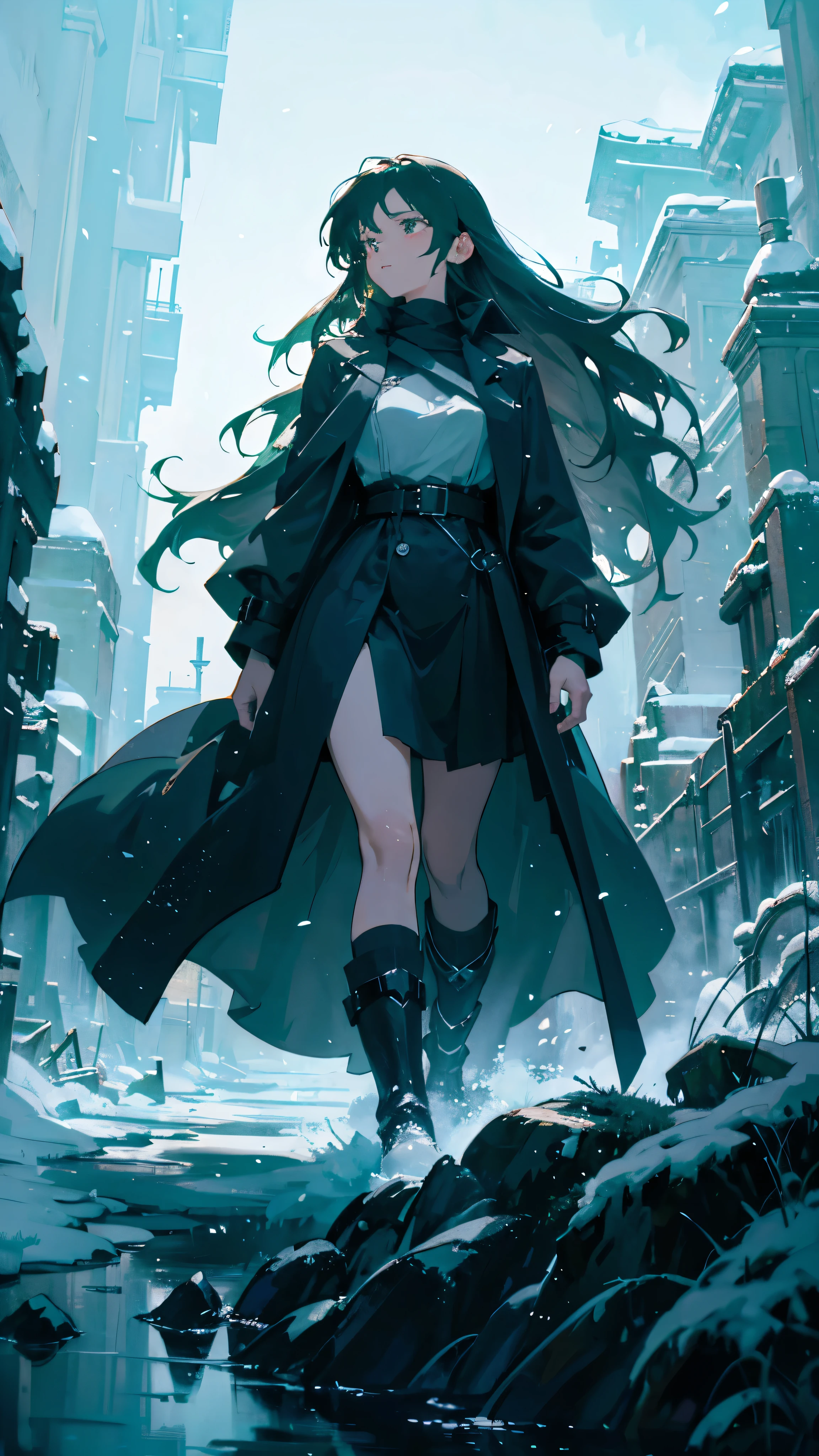 The desolate wilderness of a silent night, A mature woman is facing away from the camera.。wearing a long black trench coat, Long, dark green hair with waves that reach to her waist is swaying in the gentle breeze.。Cool and elegant, Elite temperament, It's foolishly sweet。The wilderness is a plain, White, Covered in white grass that reached knee-high。, Surrealism, cinematic lighting, chiaroscuro, UHD, high details, best quality, highres, 8k