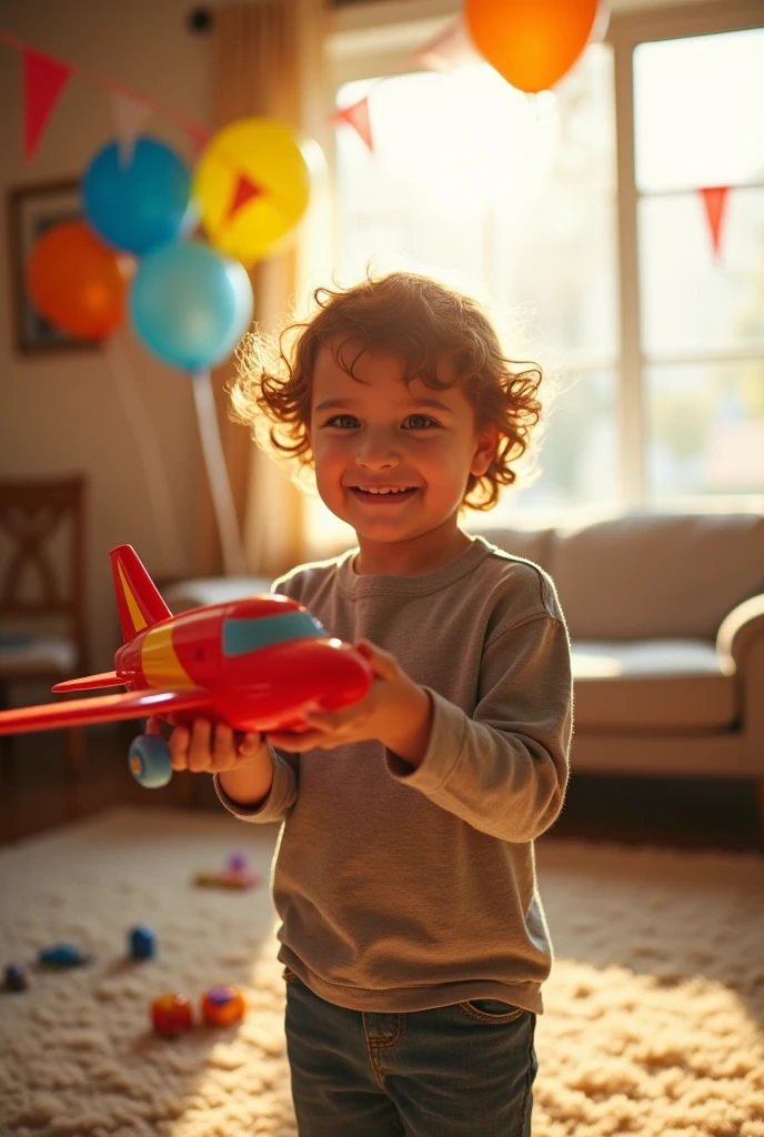 Make a picture of a child who looks happy because he has just received the best gift of his life. 