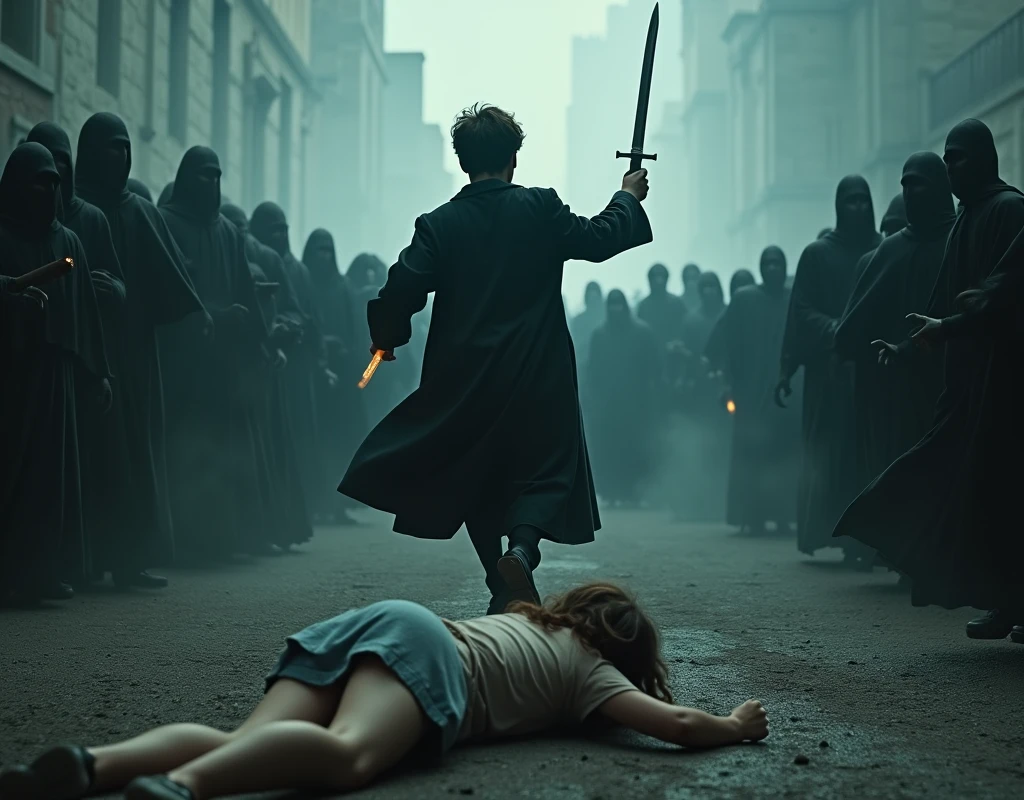 cinematic back view, shot from ground level, worms eye view, tilted camera, tilted horizon, rolled camera view, dutch angle, harry potter, seen from the back, rushing against a massive crowd of dementors, massive crowd of dementors standing on the ground, massive crowd of dementors floating around harry and the girl, harry brandishes a glowing sword in his left hand, harry wields a wand on the right hand, the thip of the wand is glowing, an unconscious girl laying unconscious on the foreground with her back to the camera, outdoors, dramatic composition with perspective and foreshortening, rule of thirds, vanishing point at the lower left corner of the image