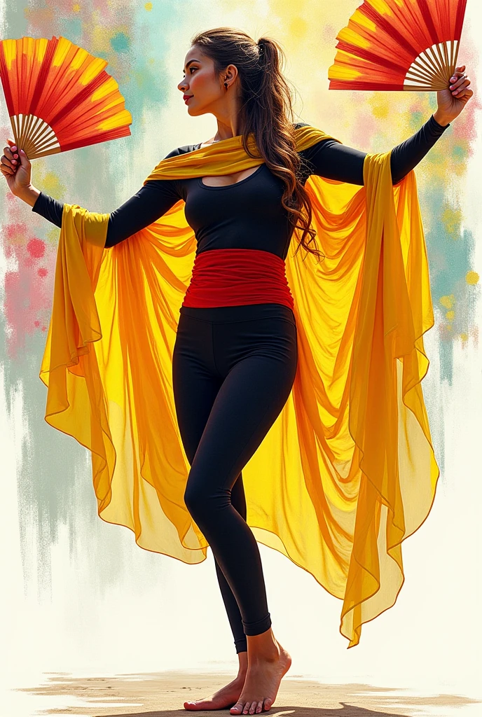 Create an sketch of a person wearing long sleeve and leggings black with an overlay of yellow fabric in the shoulder and red fabric in the waist for folk dance competition (Singkil)