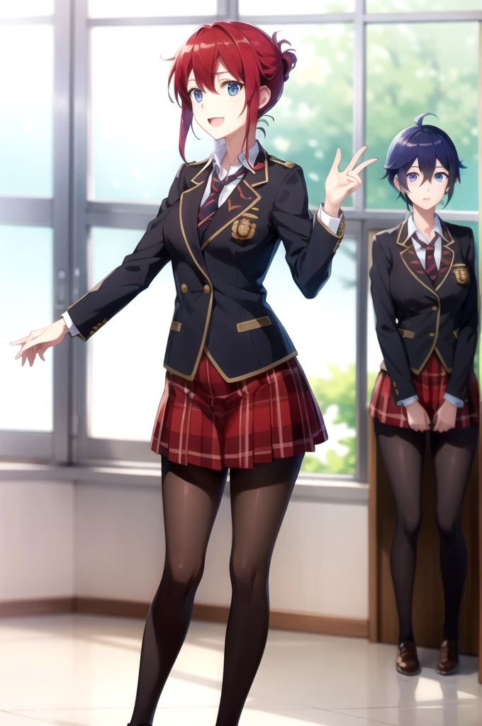 Highest quality, masterpiece, Very detailed,
Aoi Sakurai RW,
Open your mouth, A light smile,
blue eyes, Redhead, short hair, Medium Hair,
school uniform, blazer, tie, Red Skirt, pantyhose,
Are standing, Looking at the audience,
classroom