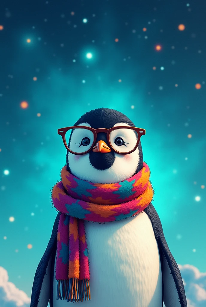 Nerdy penguin, the background behind him will be space in colors: cerulean, verde-água e verde claro ceruleanado