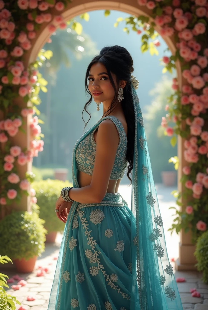 (((Stunningly Beautiful persian Princesss ))), elegant blue black updo hair, sweet smile, Beautiful bride posing under a fairy tale arch of exotic magical flowers, looking back,elaborate scene style, crystal glass lattice, glitter, transparent embroidered lace, realistic style,, dynamic pose, 8k,exposure blend, medium shot, bokeh, (hdr:1.4), (cinematic), ( dark tones:1.3), (hyperdetailed:1.2),Realism,1 girl,girl wearing indian saree(dressed in transparent saree)(wearing glitter graphics jewelry)big  ,Sexy medium Breast,nipple,bright light ,long_hair, Bokeh ,nsfw , indian ,tree branch, colourfull ,undersized bra,princess dress,lehenga choli, sshow nipples, show vagina, open legs:1.6