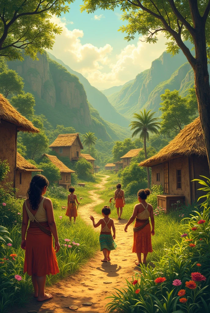 Imagine a society that has never discovered or developed science and technology. Your drawing could depict a community thriving in a natural, unaltered environment. Think of intricate, hand-made tools and structures crafted from natural materials. Show people engaged in daily life with simple, harmonious methods—such as farming by hand, creating art from natural dyes, and constructing homes with basic techniques. Highlight their deep connection to nature and their reliance on traditional knowledge passed down through generations. The scene could also include unique, non-technological methods for communication, transportation, and problem-solving.