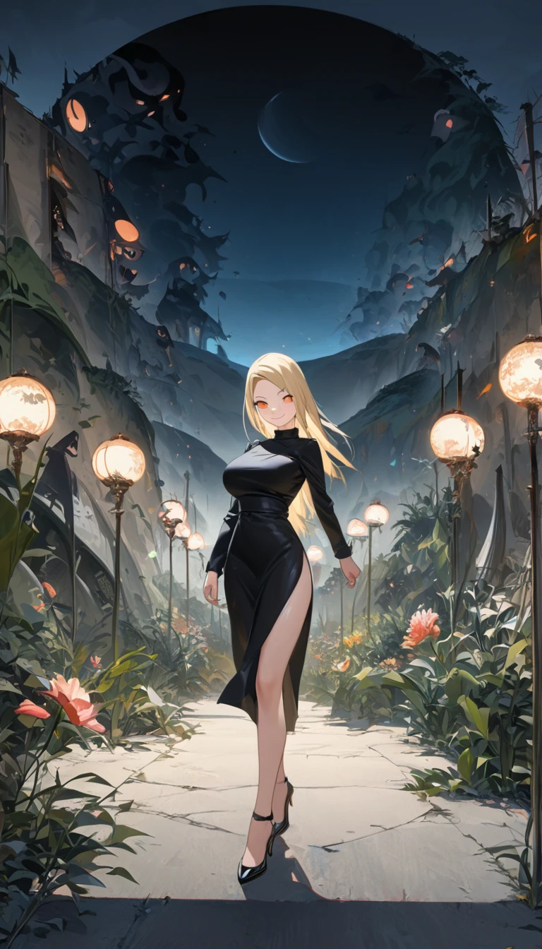 A woman in a low-cut black dress., exposed legs, black heels, long blonde hair, orange eyes, big breasts, smiling, walking on a concrete sidewalk, a high point of land, large agricultural land fund, night lighting instead of classic lamps, Surrealism, cast shadow, anáglifo, stereogram, tachi -e, to throw, atmospheric perspective, Surrealism, flower, 8k, Super detail, necessary, Best Quality, HD, anatomically correct, textured skin, high quality, High resolution, Best Quality, Ino Yamanaka (Naruto)
