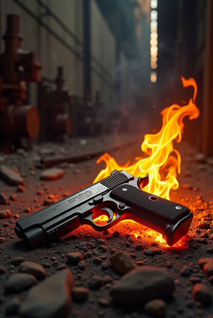 A .38 super pistol burning in flames of fire