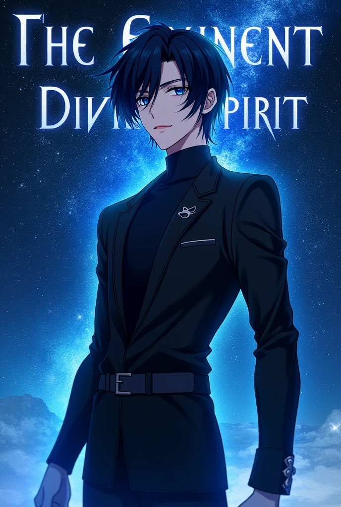 Please generate a Novel cover for me, with a MALE human character with black hair and a COBALT BLUE streak at the end of his hair and cobalt blue eyes, wearing black clothes in anime style, with a starry sky and the novel's name written on the image (The Eminent Divine Spirit)