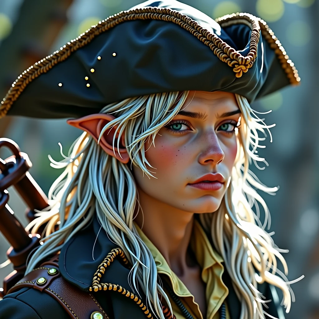 White haired astral elf archeologist male with pirate hat