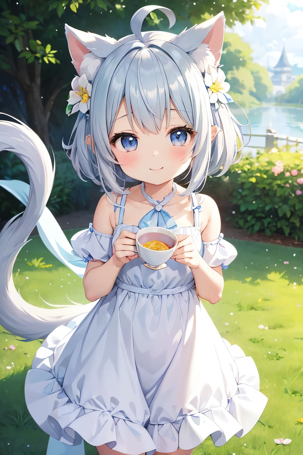 anime、pastel、、child、Smilace、Very short、Gray Hair、long、Side Tail、Flower Hair Ornaments、fluffy ears、Dropped ears、Fluffy tail、Big, cute eyes、With an odd eye of azure blue、Cheeky cheeks、Slender body、She is wearing a white and light blue dress.、Outdoor、tea time