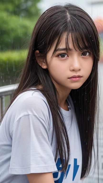 Highest quality、Realistic、、zoom、Primary school students、Girl、look up、cute、Light grey eyes、Black Hair、Long Hair、boyish、Tanned brown skin、Dark Skin、Light Blue T-Shirt、heavy rain、Heavy Rain、Soaked from head to toe、Crying face、Bust Shot、thin