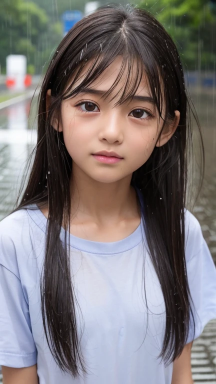Highest quality、Realistic、、zoom、、Girl、look up、cute、Light grey eyes、Black Hair、Long Hair、boyish、Tanned brown skin、Dark Skin、Light Blue T-Shirt、heavy rain、Heavy Rain、Soaked from head to toe、Crying face、Bust Shot、thin