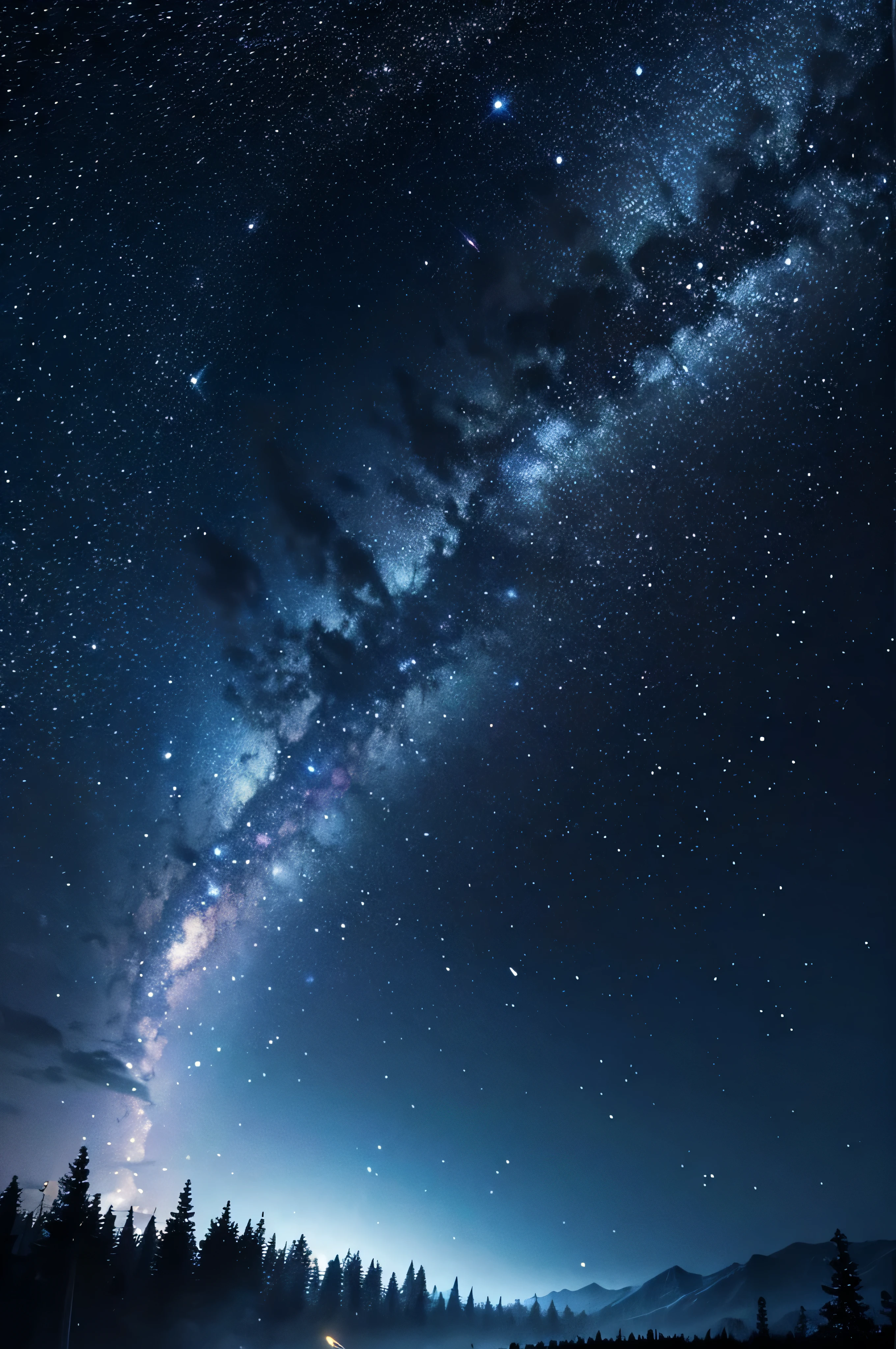 Phone Wallpaper, starry sky fantasy, dark but illuminated landscape with fireflies, Comet in the sky, 4K, masterpiece, complex lighting