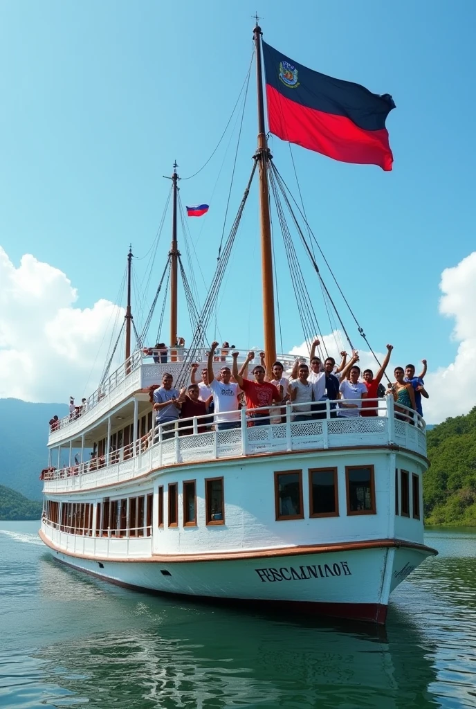 Recreate a photo of an old, white wooden ship with two decks, large and with windows., with the name in the Spanish language of: " PESCANICA 10 " written on the side of the ship once, carrying a red and black flag without repeating color at the top, and with many people of Nicaraguan mestizo race with books and with their right hand up in the shape of a fist, navigating a vast lake in the Nicaraguan landscape