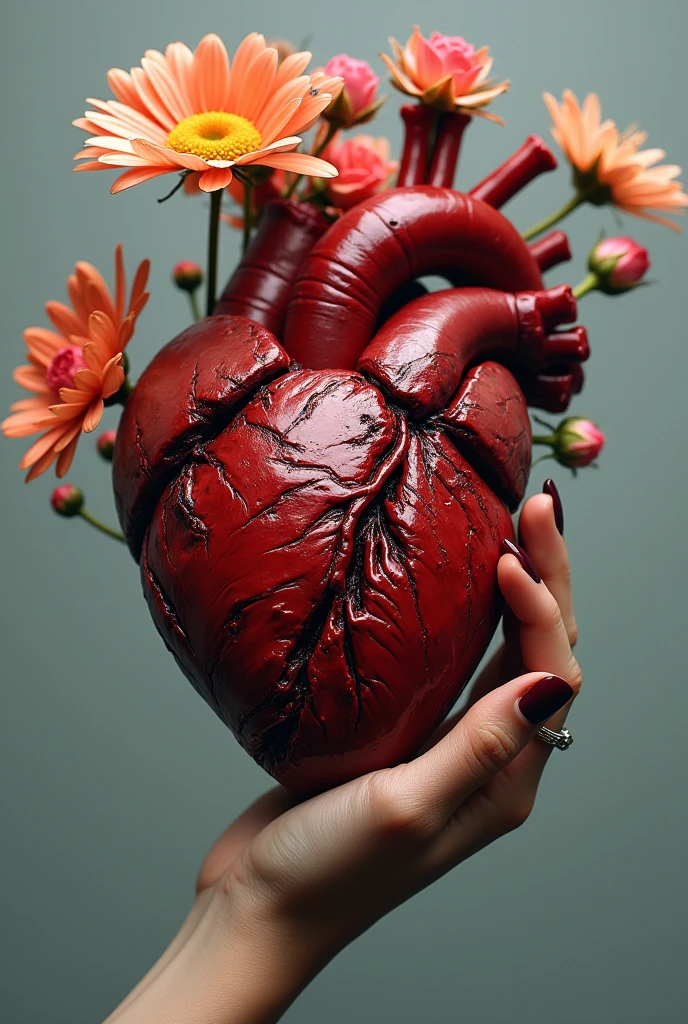 Drawing of a human heart being crushed and bruised by a female hand holding the bloody heart with one hand, with flowers coming out of their arteries and veins