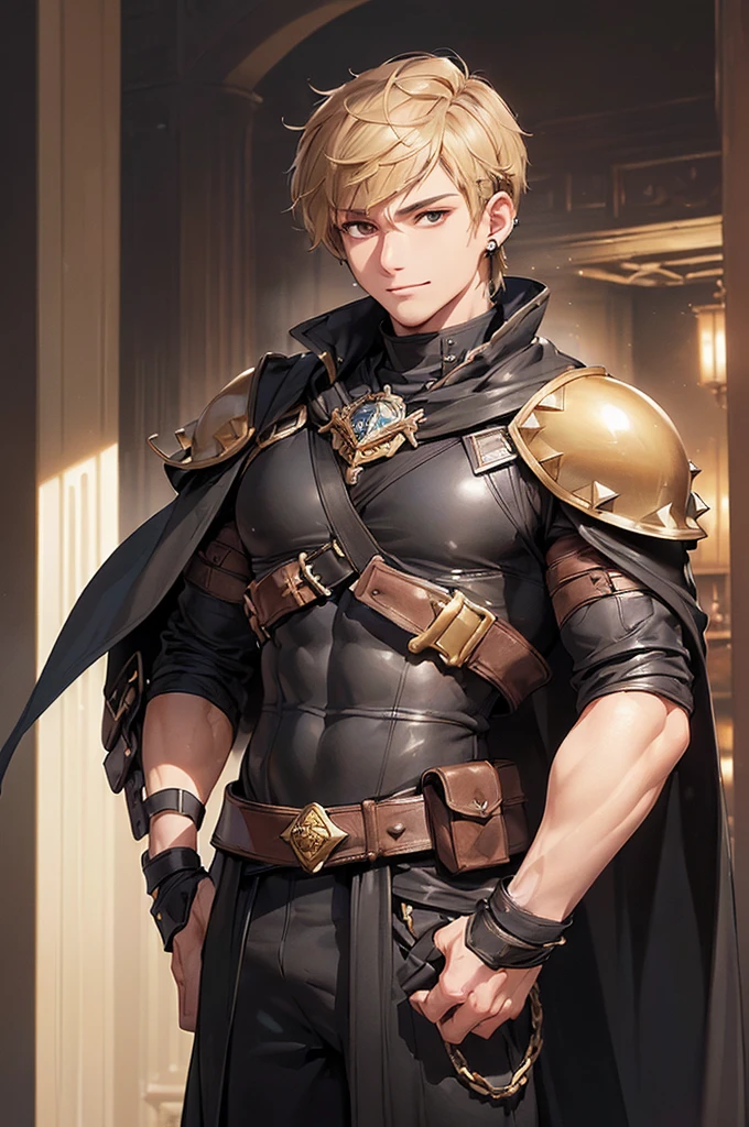 (((masterpiece; best quality: 1.2))), (detailed eyes: 1.3), ((1 young man)), ((solo)), (brown eyes: 1.4), (body shape; lean, masculine, manly face: 1.3), (short blond hair: 1.3), (clear background: 1.2), ((depth of field)), (equipment: masculine adventurer garb + hard-leather protection + black tunic + black cape +black stud earring: 1.3), (anime illustration: 1.2), (background composition; fantasy tavern interior + furniture: 1.1), (handsome: 1.1), (shot composition; standing + centered on face + bust close-up: 1.5), (facial expression; calm + smile: 1.2)