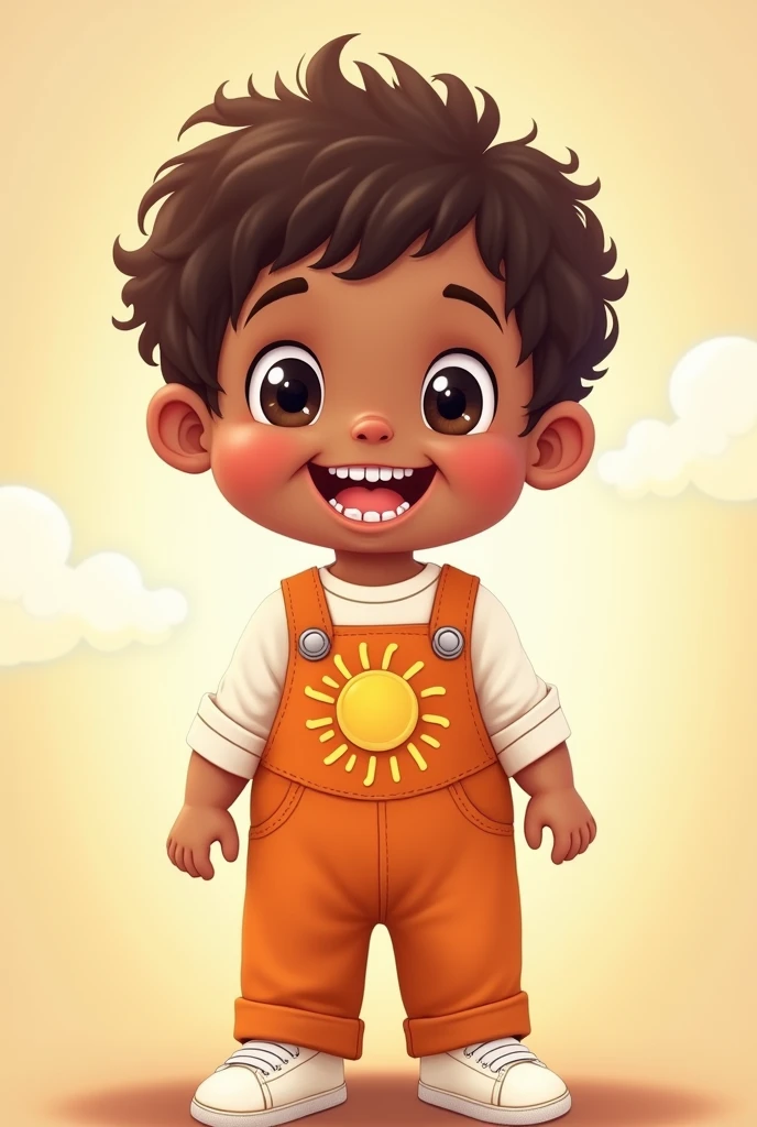  cartoon style 
.  1 yearh light brown skin,
 Dark Brown Short Hair, small nose and ears, smiling with braces, dressed in a terracotta orange overall made of fabric with a sun embroidered in the middle,wearing a white shirt underneath and white sneakers 