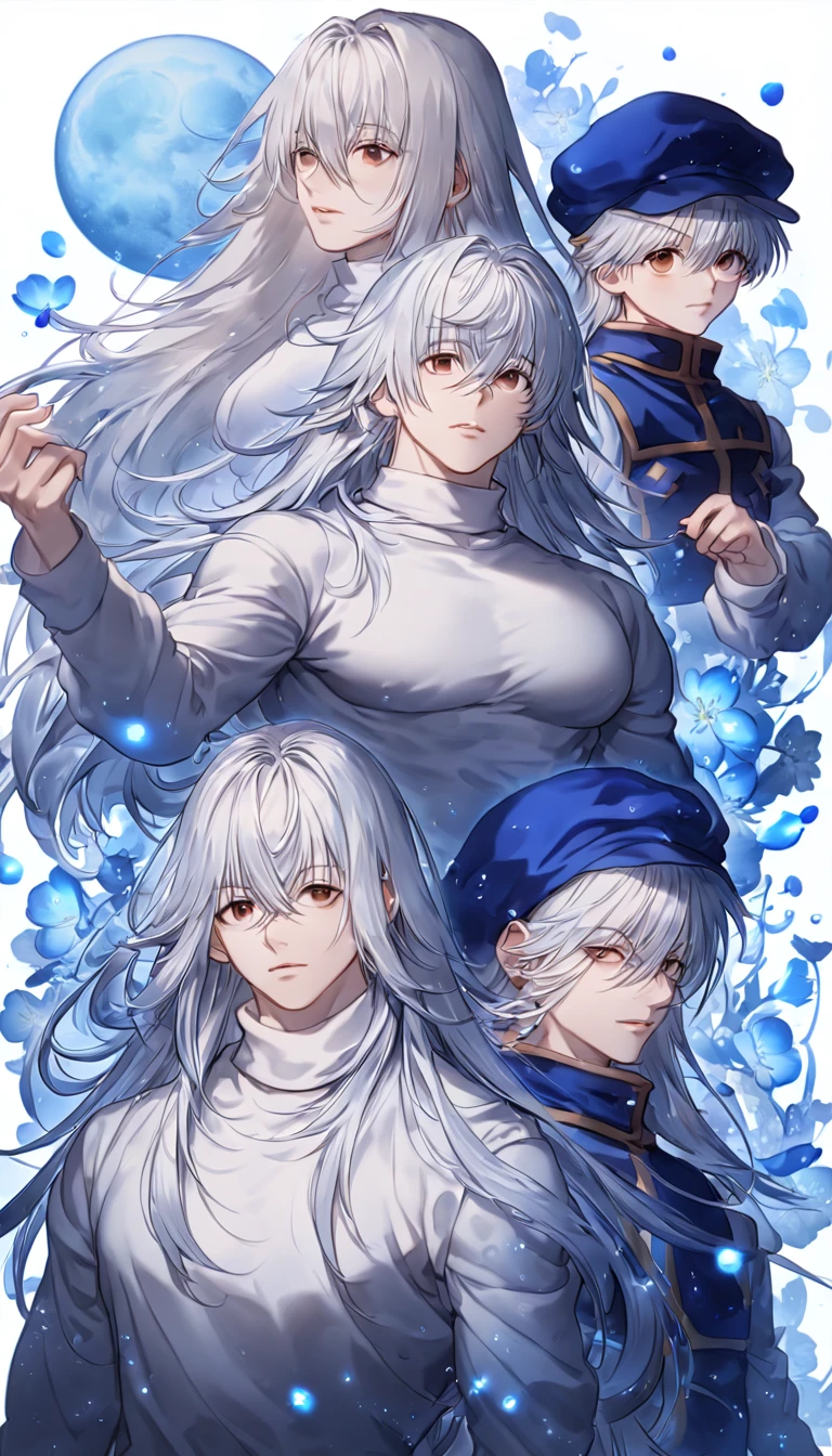 absurdres, highres, ultra detailed, HDR, master piece, Kite, white hair, long hair, hair between the eyes, expressive brown eyes, blue cap, white turtleneck shirt, long sleeves, Hunter x Hunter, sexy man, best quality, blue moon, flowers, fantasy, magical, sensual, handsome, water, blue shining fireflies, blue petals, manly man, blue flames,