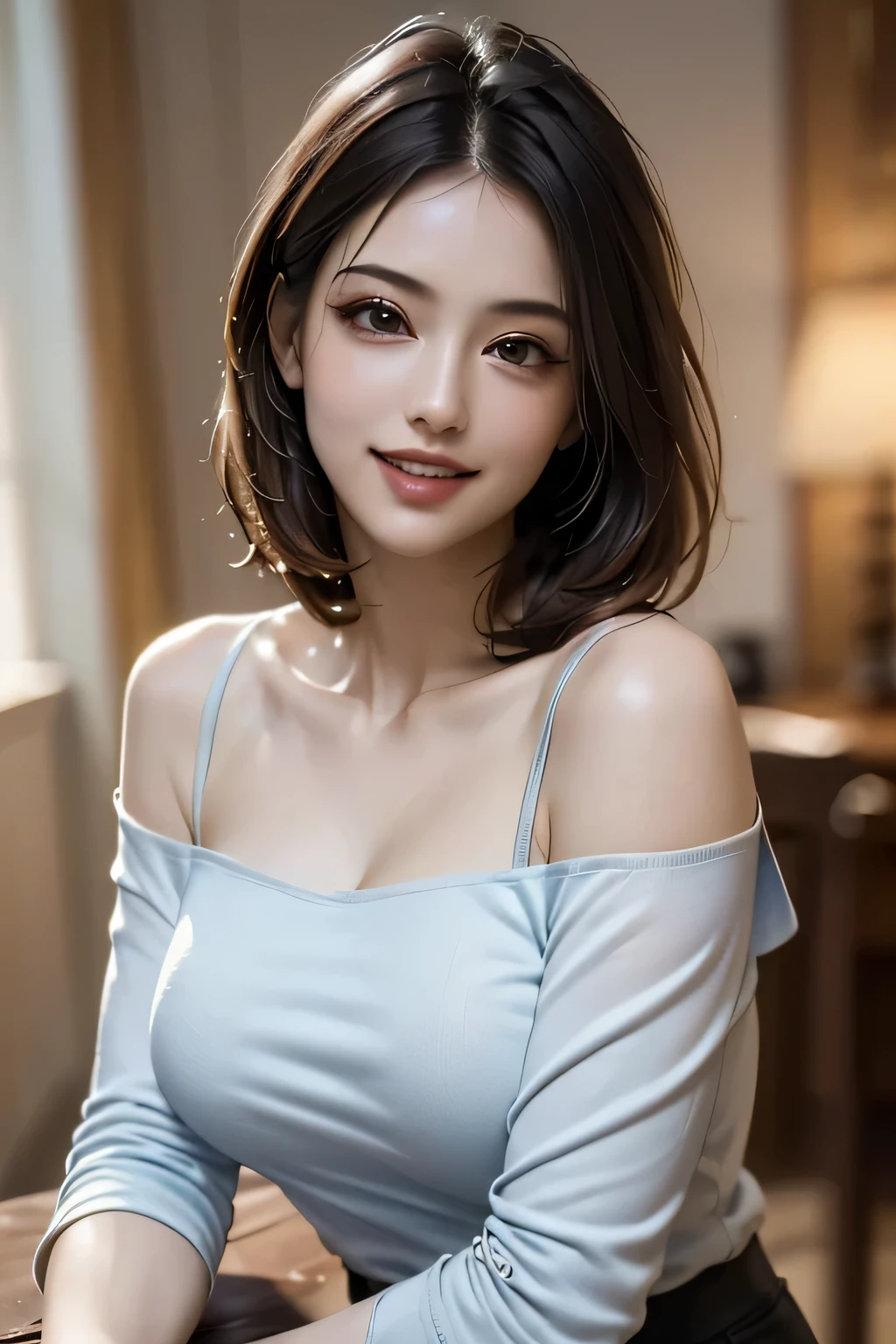 ((Realistic Light, masterpiece, Highest quality, Realistic, 8k, Tabletop: 1.3)), 1 person, Off-the-shoulder cut top: 1.3, Highly detailed face, fine grain, (eyelash), double eyelid, grin, (My Room), smile, (((beauty of saggy breasts))