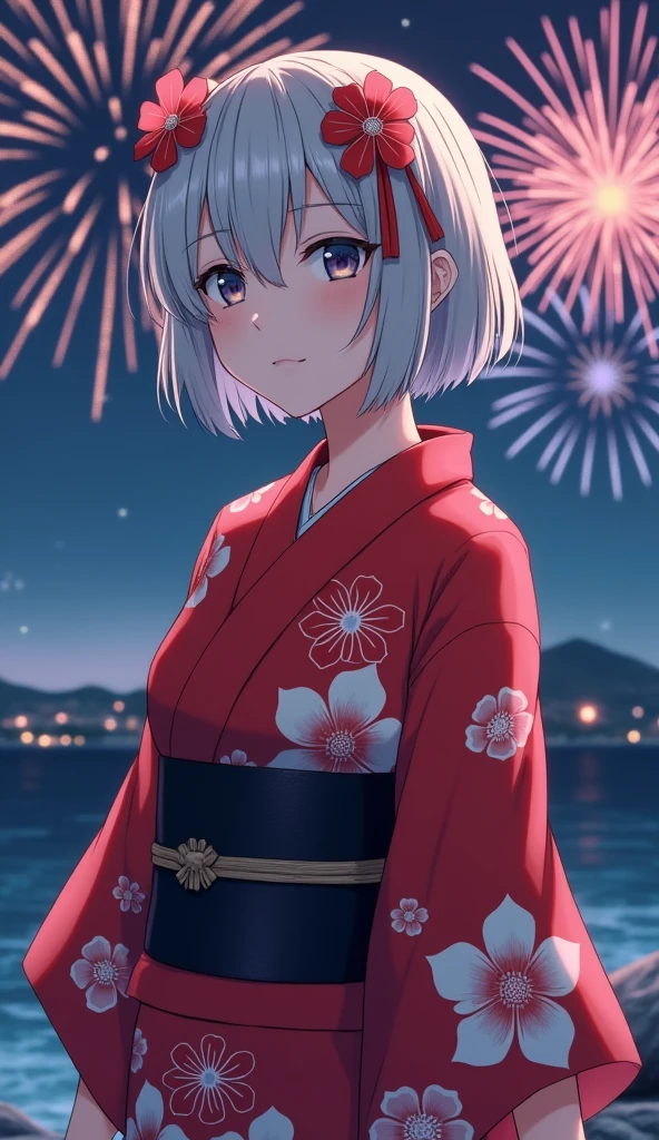 Not an anime, (RAW Photos, Highest quality, masterpiece: 1.2), (Realistic: 1.4), Best lighting, 20-year-old, (Light grey hair, Short Bob Cut, Divide your hair into 3/7ths, hair above one ear, :1.3), (Symmetrical eyes, alone, Mid-chest, Detailed skin, Like a model:1.2), View your viewers, (Light grey hair, Cowboy Shot, ((Countless fireworks with the ocean as a backdrop)), Are standing, ((A red and white yukata with a beautiful red camellia flower pattern, Black belt tightening, Hair accessories to match your yukata, Midnight, Long Shot)),:1.25)